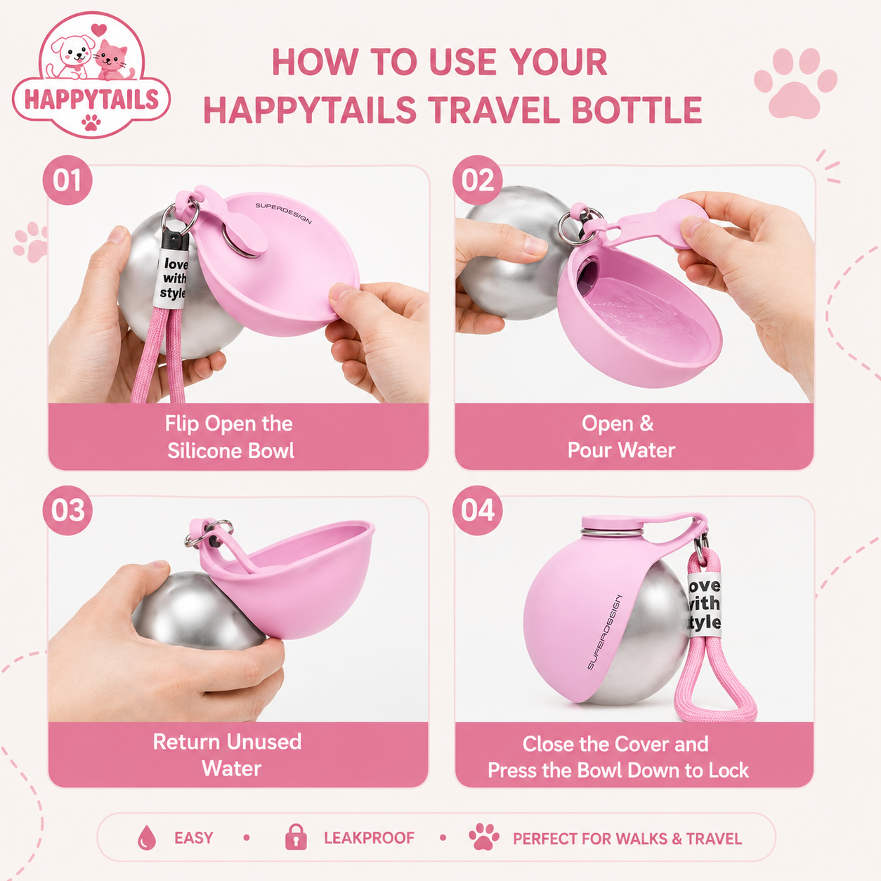 HAPPYTAILS PawGo™ Travel Bottle Stainless Steel Water Cup with Bowl 304 Stainless Steel Safe Food-Grade Silicone