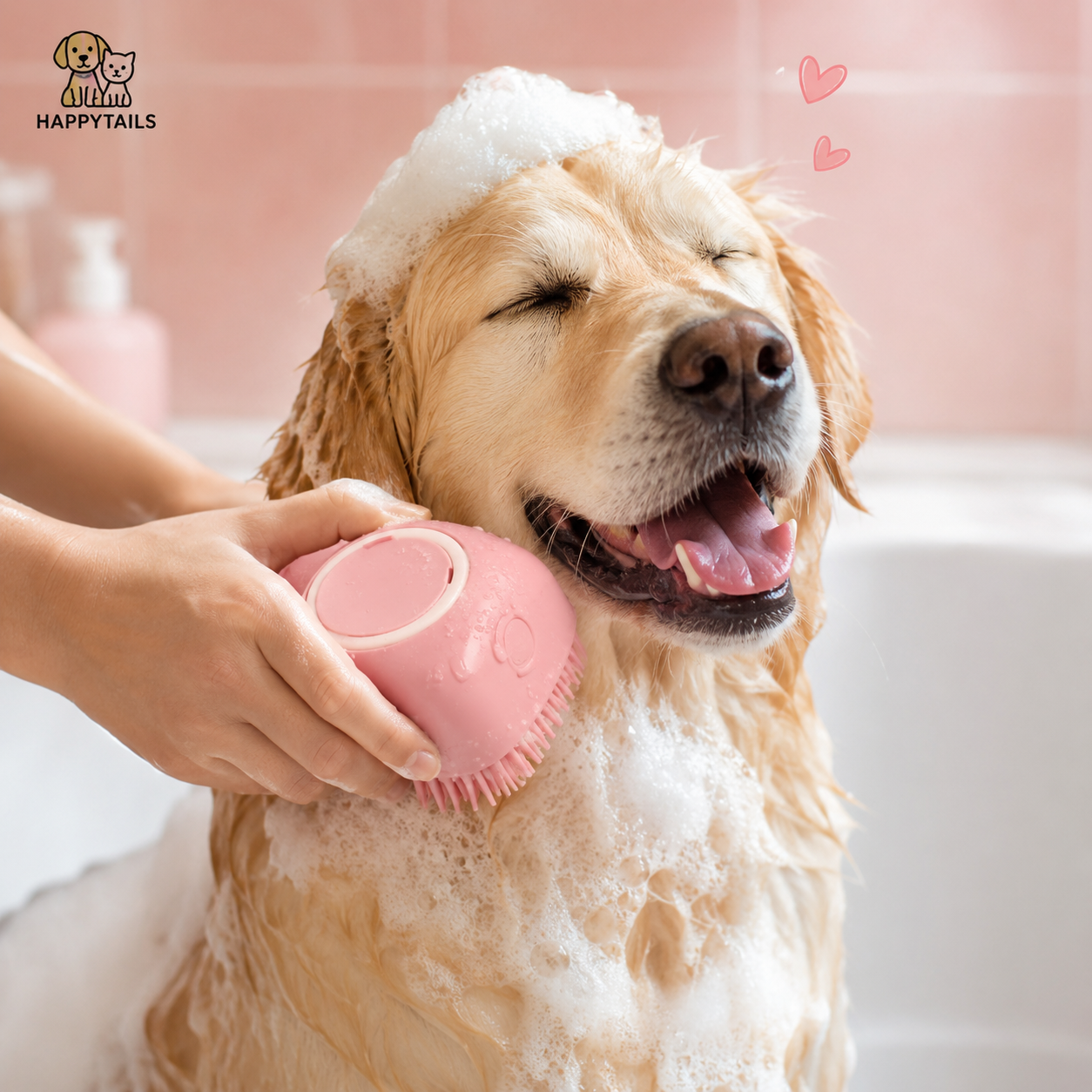 HAPPYTAILS PawSpa™ 2-in-1 Pet Bath & Massage Brush With Shampoo Dispenser For Puppy Kitten Sensitive Skin