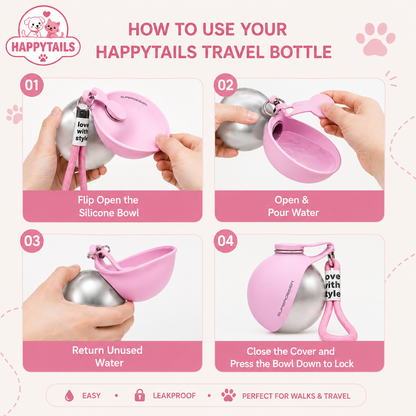 HAPPYTAILS PawGo™ Travel Bottle Stainless Steel Water Cup with Bowl 304 Stainless Steel Safe Food-Grade Silicone