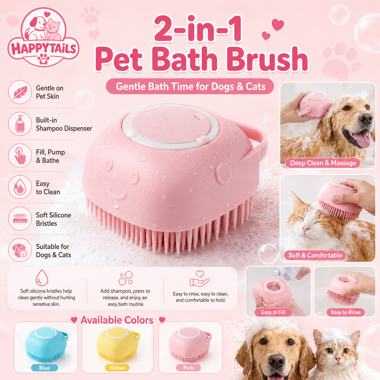 HAPPYTAILS PawSpa™ 2-in-1 Pet Bath & Massage Brush With Shampoo Dispenser For Puppy Kitten Sensitive Skin