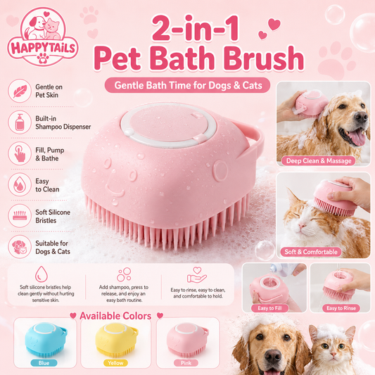 HAPPYTAILS PawSpa™ 2-in-1 Pet Bath & Massage Brush With Shampoo Dispenser For Puppy Kitten Sensitive Skin