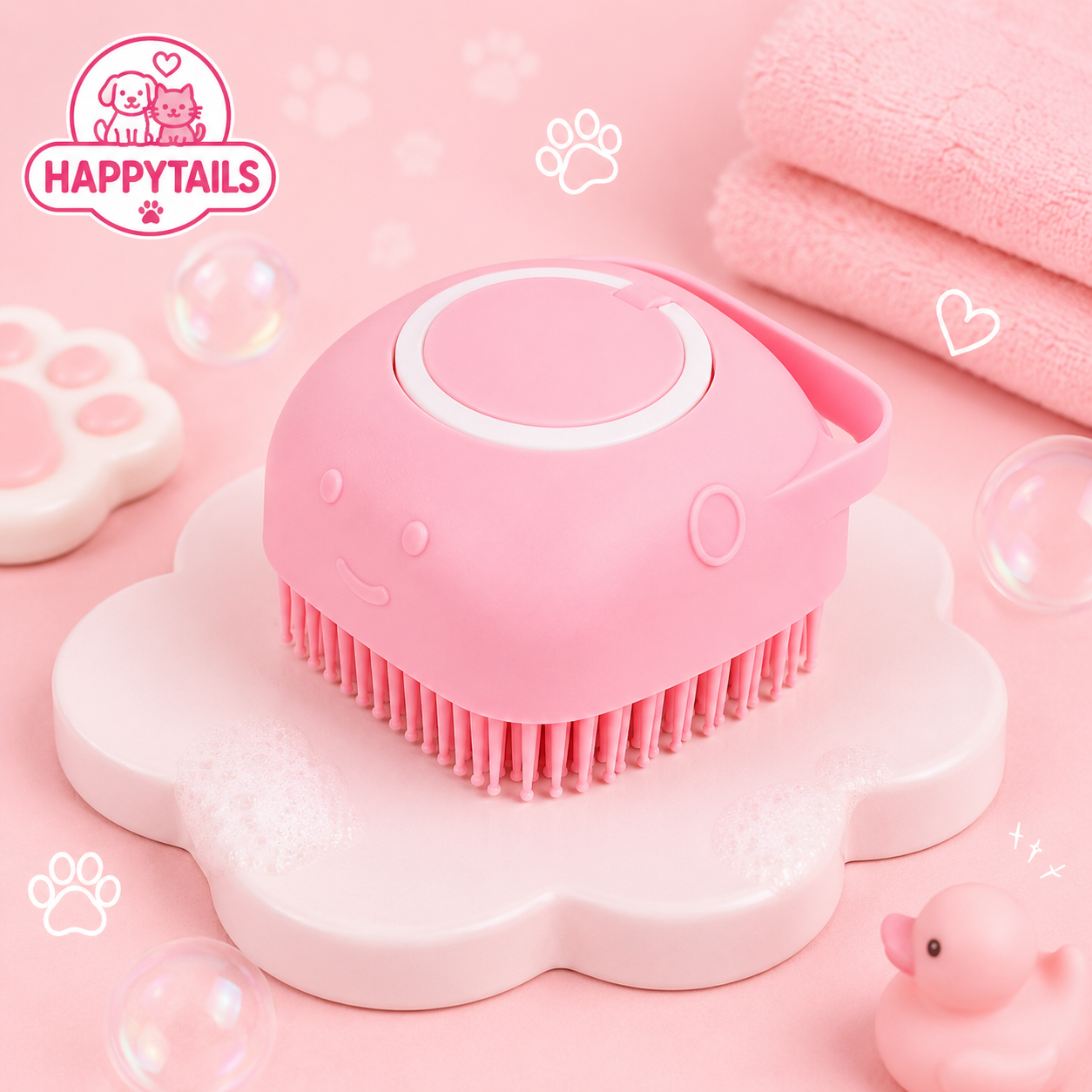 HAPPYTAILS PawSpa™ 2-in-1 Pet Bath & Massage Brush With Shampoo Dispenser For Puppy Kitten Sensitive Skin