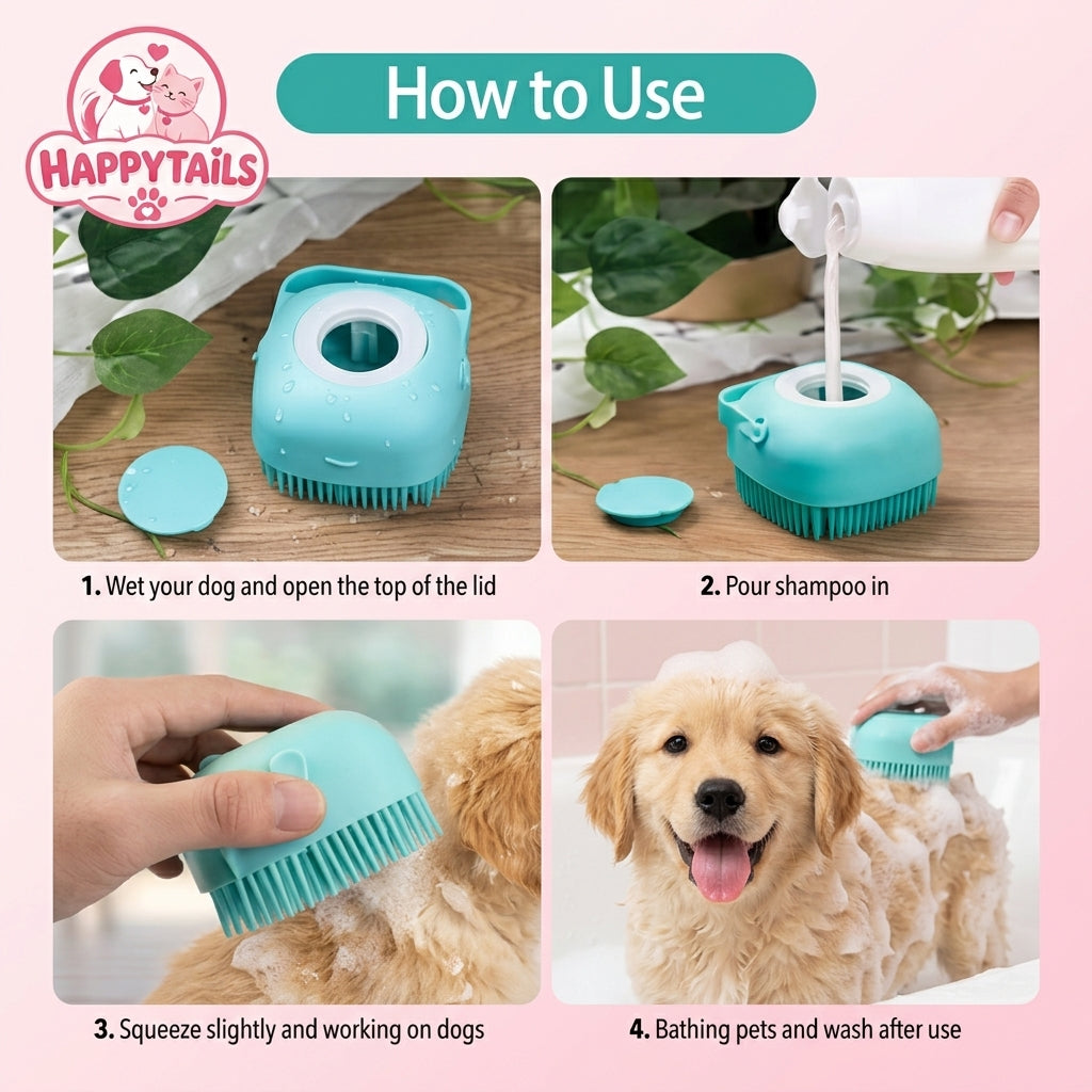 HAPPYTAILS PawSpa™ 2-in-1 Pet Bath & Massage Brush With Shampoo Dispenser For Puppy Kitten Sensitive Skin
