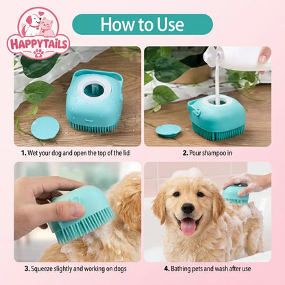 HAPPYTAILS PawSpa™ 2-in-1 Pet Bath & Massage Brush With Shampoo Dispenser For Puppy Kitten Sensitive Skin