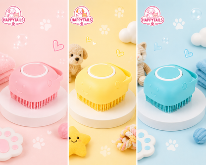 HAPPYTAILS PawSpa™ 2-in-1 Pet Bath & Massage Brush With Shampoo Dispenser For Puppy Kitten Sensitive Skin