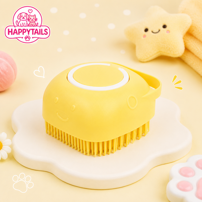 HAPPYTAILS PawSpa™ 2-in-1 Pet Bath & Massage Brush With Shampoo Dispenser For Puppy Kitten Sensitive Skin