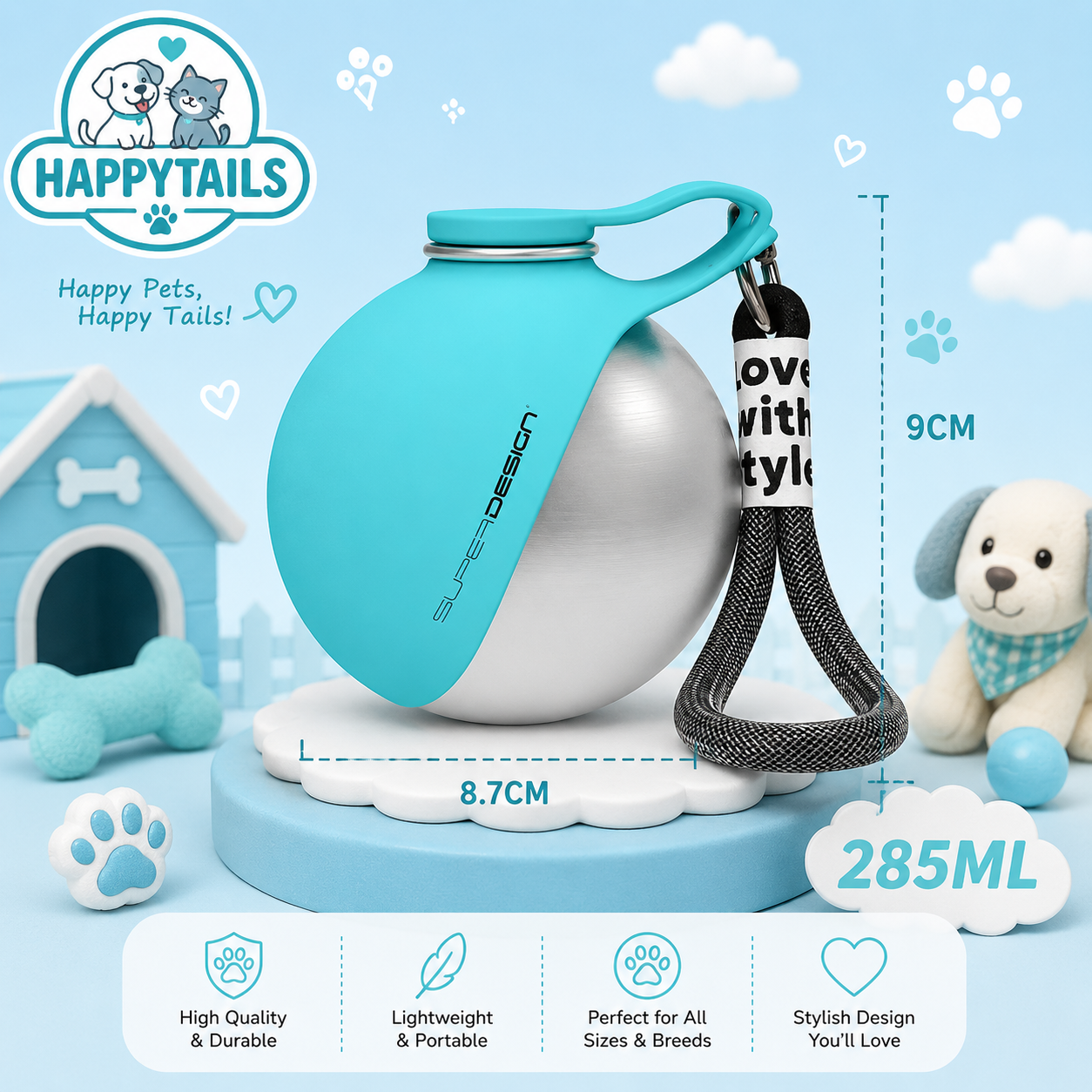 HAPPYTAILS PawGo™ Travel Bottle Stainless Steel Water Cup with Bowl 304 Stainless Steel Safe Food-Grade Silicone